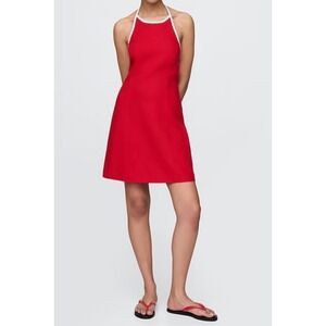 Gap Halter Mini Dress Womens XL Red Smocked Linen Blend Preppy Beachy NWT